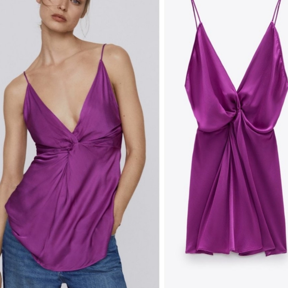Zara Magenta Purple Satin Knot Twist Front Cami Top Size small
